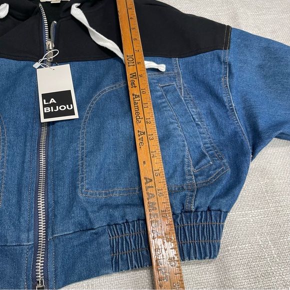 Blue NEW Denim Jean Hoodie Jacket zipper LABIJOU-Sz S Heather Black over size - Picture 9 of 13